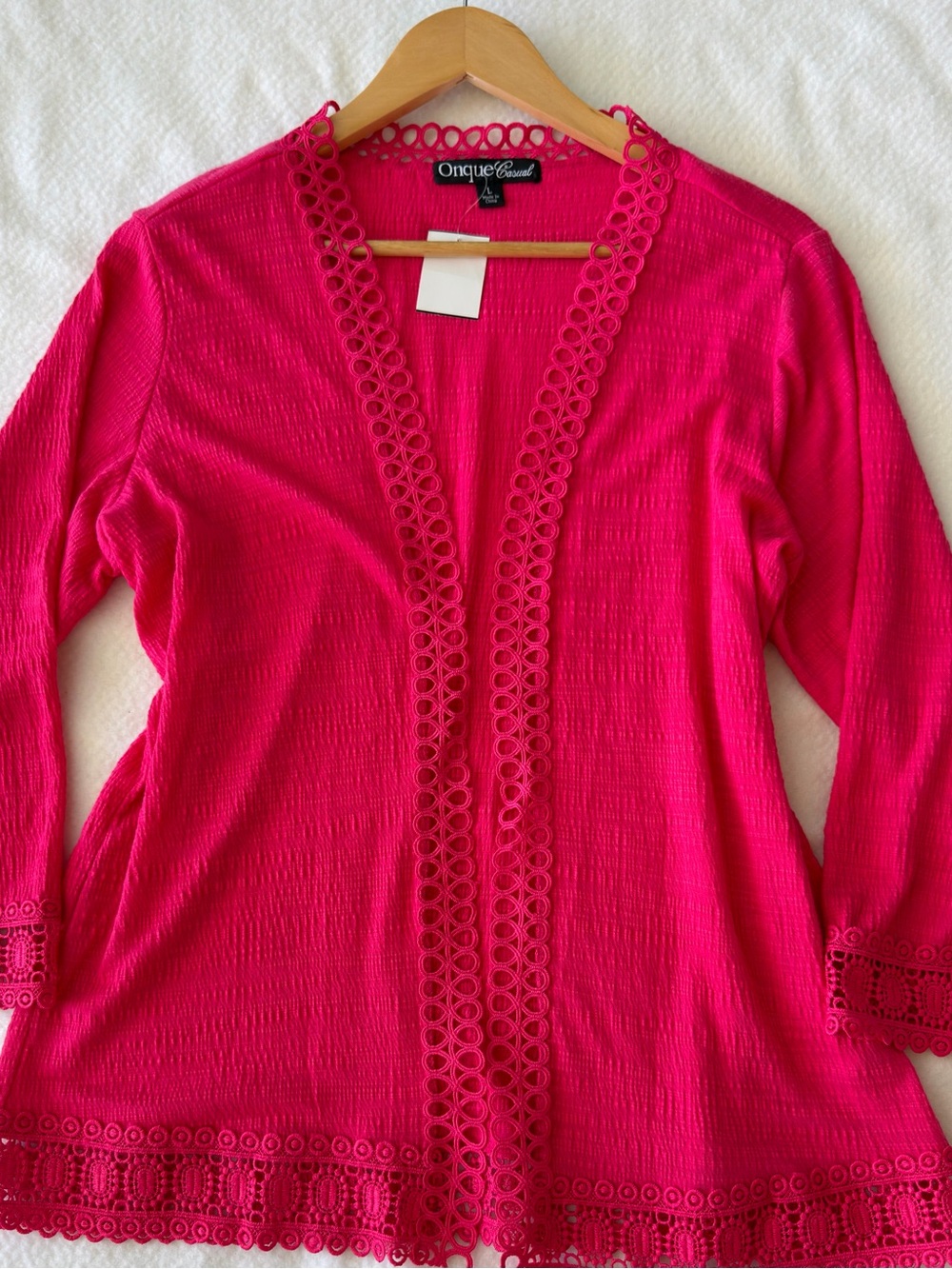 Onque Casuals Bright Hot Pink Open Crochet-Trim Cardigan